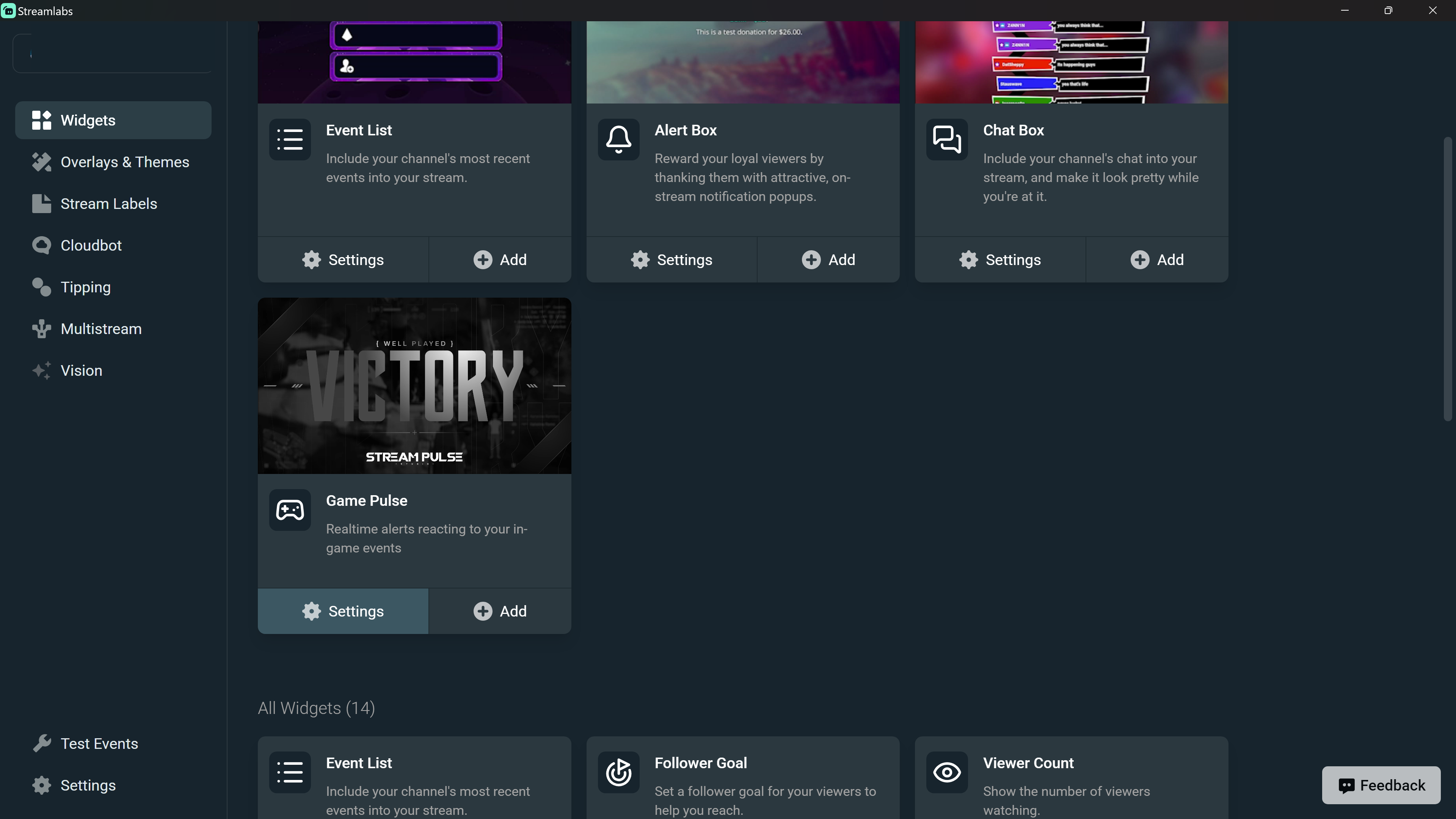 Widgets tab in Plugin for OBS